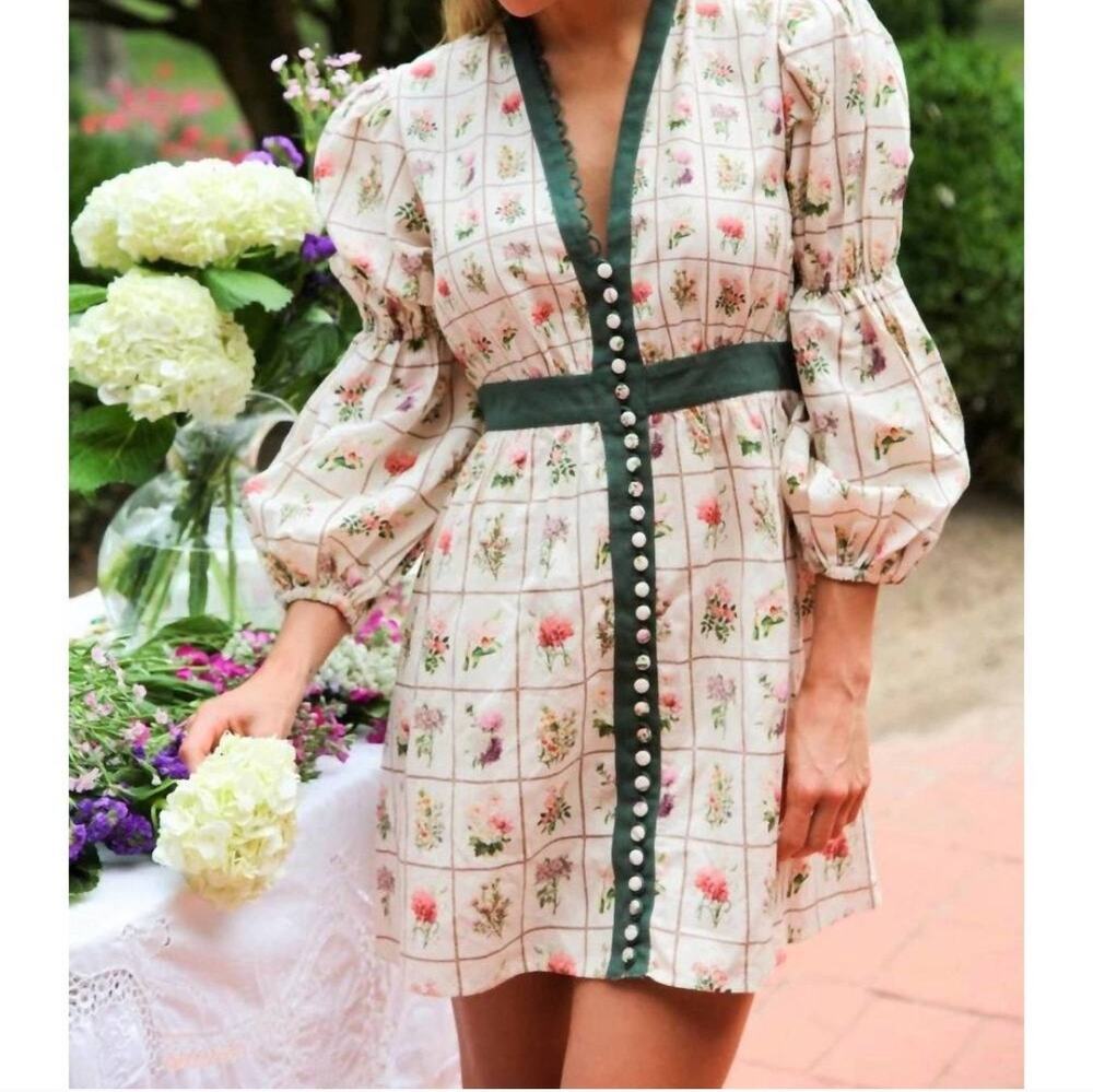 Anna Cate Octavia Linen Blend Vintage Block Stamp Floral Size Large